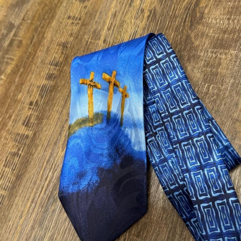 Christian Crosses Tie with three wooden crosses on a blue